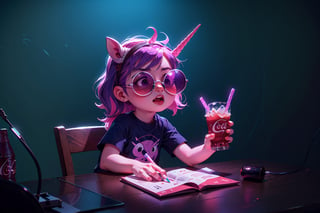 Unicorn with sunglasses drinking coke, COCA-COLA, drink, drinking coke, realistic, photorealistic, cinematic, Magical Fantasy style, Magical Fantasy style, neon photography style,3DMM