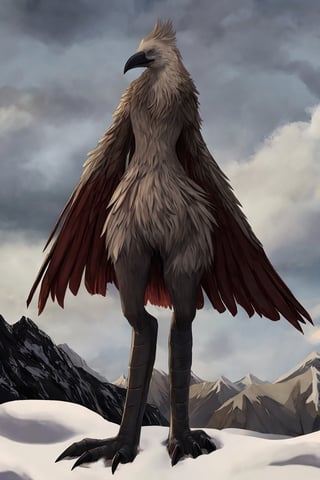 Opium bird, standing, feathers, white feathers, bird, birdman, humanoid, bird head, with extremely long beak, long beak, long mouth, full body, bird legs, bird arms, sinister, terrifying, beautiful , ragged, wide body, fat

High quality, HD, 4kHD, cinematic, atmospheric, realistic, ultra-realistic
snow, mountain, cloudy, gray sky, dark clouds
Detail,lora:largebulg1-000012:1,AIDA_NH_humans,Pixel art,lora:largebulg1-000012:1,lora:largebulg1-000012:1