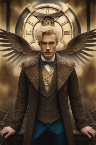 man's face, european man's face, attractive man's face, blue eyes, blonde hair.

Stylish,steampunk style, in the style of esao andrews,Movie Still
