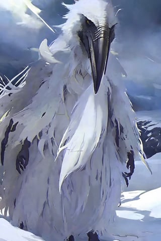 Opium bird, standing, feathers, white feathers, bird, birdman, humanoid, bird head, with extremely long beak, long beak, long mouth, full body, bird legs, bird arms, sinister, terrifying, beautiful , ragged, wide body, fat

High quality, HD, 4kHD, cinematic, atmospheric, realistic, ultra-realistic
snow, mountain, cloudy, gray sky, dark clouds
Detail,lora:largebulg1-000012:1,AIDA_NH_humans