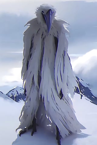 Opium bird, standing, feathers, white feathers, bird, birdman, humanoid, bird head, with extremely long beak, long beak, long mouth, stylized, thin, full body, bird legs, bird arms, sinister, terrifying, beautiful

High quality, HD, 4kHD, cinematic, atmospheric, realistic, ultra-realistic
snow, mountain, cloudy, gray sky, dark clouds
More Detail,lora:largebulg1-000012:1,AIDA_NH_humans