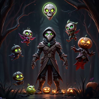 "death prophet" from Dota2 surrounded by her ghosts, glowing green eyes, full body shot, cinematic lighting, gloomy mood, horror,plague doctor,horror,Jack o 'Lantern, jack-o'-lantern monster, little elves with jack-o'-lantern heads, clash of clash