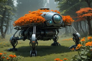  Spider Tank in a green meadow, , surrounded by nature, high detail in the face, bright orange flowers, sunny day, surrounded by small forest animals, high quality, great detail, enveloping atmosphere,AIDA_LoRA_yulzy,fantasy00d,fantai12,DonMG414 ,eggmantech,horror,hackedtech,full body, perfect hands,FFIXBG,wrench_elven_arch,outdoors,Beauty,ai ohto,1 girl,gigantic_breast,non-humanoid robot,  with futuristic suit