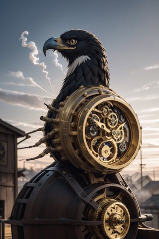 Generates an image of a majestic Steampunk-style robot eagle. Its body is meticulously constructed using intricate clockwork mechanisms, with gears and bronze parts forming its structure. Its rusted metal wings spread elegantly, displaying details of rivets and steam pipes. His eyes shine with an intense golden light, while his beak is adorned with brass ornaments. The eagle stands in an imposing pose, as if it is about to take flight into the steamy skies of a Steampunk city,mechanical