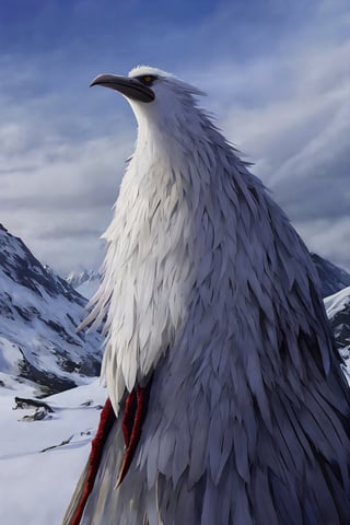 Opium bird, standing, feathers, white feathers, bird, birdman, humanoid, bird head, with extremely long beak, long beak, long mouth, full body, bird legs, bird arms, sinister, terrifying, beautiful , ragged, wide body, fat

High quality, HD, 4kHD, cinematic, atmospheric, realistic, ultra-realistic
snow, mountain, cloudy, gray sky, dark clouds
Detail,lora:largebulg1-000012:1,AIDA_NH_humans,Pixel art,lora:largebulg1-000012:1,lora:largebulg1-000012:1