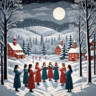 Artistic style of Gerd Arntz, girls in a snowy landscape singing in a choir, snowy and Christmas landscape.