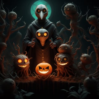 "death prophet" from Dota2 surrounded by her ghosts, glowing green eyes, full body shot, cinematic lighting, gloomy mood, horror,plague doctor,horror,Jack o 'Lantern, jack-o'-lantern monster, little elves with jack-o'-lantern heads, clash of clash, heterochromia,EpicArt,AGE REGRESSION,DonMG414