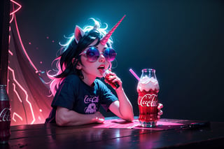 Unicorn with sunglasses drinking coke, COCA-COLA, drink, drinking coke, realistic, photorealistic, cinematic, Magical Fantasy style, Magical Fantasy style, neon photography style,3DMM