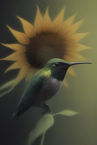 Create an elegant and captivating portrait of a wonderful hummingbird sniffing a sunflower. Use vibrant light and shadow to highlight complex details and jagged edges. Let the dark black and gold textured background accentuate the painting, combining modern styles with neon green and yellow paints, give a touch of pen painting, watercolor and oil techniques. Embrace negative space with captivating brushstrokes and stencil art, evoking beauty and allure.,Digital painting ,ColorART,pencil sketch,<lora:659095807385103906:1.0>