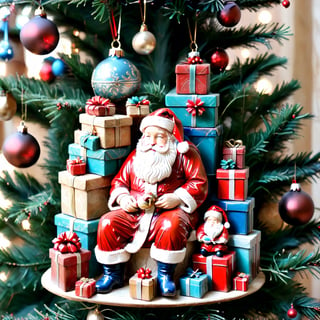 Santa Claus with a small child on his knee, surrounded by gifts of various colors, Christmas atmosphere

Art style by Kate Baylay,christmas_ornament