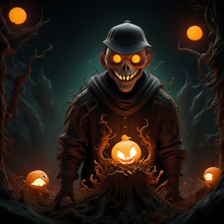 "death prophet" from Dota2 surrounded by her ghosts, glowing green eyes, full body shot, cinematic lighting, gloomy mood, horror,plague doctor,horror,Jack o 'Lantern, jack-o'-lantern monster, little elves with jack-o'-lantern heads, clash of clash, heterochromia,EpicArt,AGE REGRESSION,DonMG414 