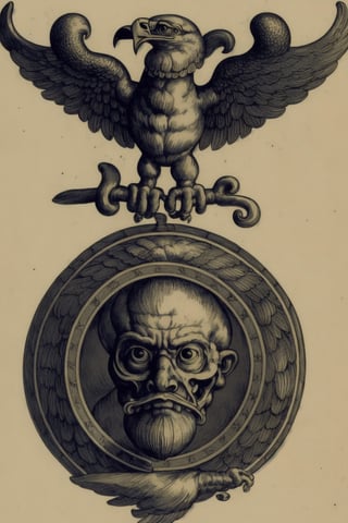 Medieval style ornamental coat of arms, head of a cyborg eagle