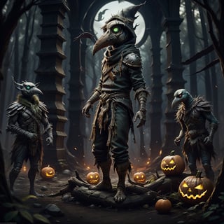 "death prophet" from Dota2 surrounded by her ghosts, glowing green eyes, full body shot, cinematic lighting, gloomy mood, horror,plague doctor,horror,Jack o 'Lantern