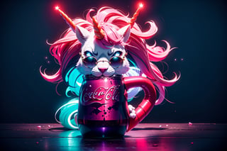 Unicorn with sunglasses drinking coke, COCA-COLA, drink, drinking coke, realistic, photorealistic, cinematic, Magical Fantasy style, Magical Fantasy style, neon photography style,3DMM,perfect