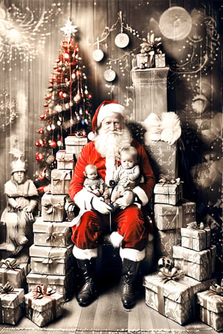 black and white photography.
Santa Claus with a small child on his knee, surrounded by gifts of various colors, Christmas atmosphere

Art style by Kate Baylay,