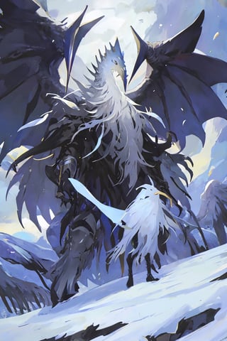 Opium bird, standing, feathers, white feathers, bird, birdman, humanoid, bird head, with extremely long beak, long beak, long mouth, full body, bird legs, bird arms, sinister, terrifying, beautiful , ragged, wide body, fat

High quality, HD, 4kHD, cinematic, atmospheric, realistic, ultra-realistic
snow, mountain, cloudy, gray sky, dark clouds
Detail,lora:largebulg1-000012:1,AIDA_NH_humans