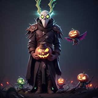 "death prophet" from Dota2 surrounded by her ghosts, glowing green eyes, full body shot, cinematic lighting, gloomy mood, horror,plague doctor,horror,Jack o 'Lantern, jack-o'-lantern monster, little elves with jack-o'-lantern heads, clash of clash, heterochromia,EpicArt,AGE REGRESSION