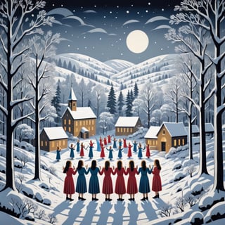 Artistic style of Gerd Arntz, girls in a snowy landscape singing in a choir, snowy and Christmas landscape.,Leonardo Style