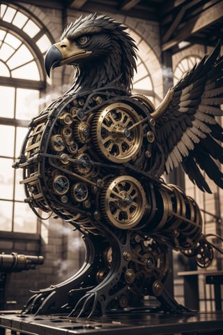 Generates an image of a majestic Steampunk-style robot eagle. Its body is meticulously constructed using intricate clockwork mechanisms, with gears and bronze parts forming its structure. Its rusted metal wings spread elegantly, displaying details of rivets and steam pipes. His eyes shine with an intense golden light, while his beak is adorned with brass ornaments. The eagle stands in an imposing pose, as if it is about to take flight into the steamy skies of a Steampunk city,mechanical,metal