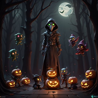 "death prophet" from Dota2 surrounded by her ghosts, glowing green eyes, full body shot, cinematic lighting, gloomy mood, horror,plague doctor,horror,Jack o 'Lantern, jack-o'-lantern monster, little elves with jack-o'-lantern heads, clash of clash