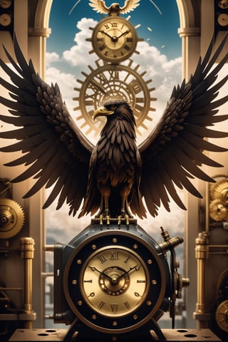 Generates an image of a majestic Steampunk-style robot eagle. Its body is meticulously constructed using intricate clockwork mechanisms, with gears and bronze parts forming its structure. Its rusted metal wings spread elegantly, displaying details of rivets and steam pipes. His eyes shine with an intense golden light, while his beak is adorned with brass ornaments. The eagle stands in an imposing pose, as if it is about to take flight into the steamy skies of a Steampunk city