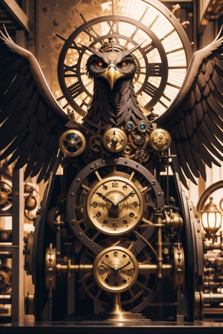 Generates an image of a majestic Steampunk-style robot eagle. Its body is meticulously constructed using intricate clockwork mechanisms, with gears and bronze parts forming its structure. Its rusted metal wings spread elegantly, displaying details of rivets and steam pipes. His eyes shine with an intense golden light, while his beak is adorned with brass ornaments. The eagle stands in an imposing pose, as if it is about to take flight into the steamy skies of a Steampunk city,mechanical,metal