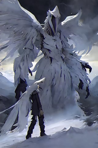 Opium bird, standing, feathers, white feathers, bird, birdman, humanoid, bird head, with extremely long beak, long beak, long mouth, full body, bird legs, bird arms, sinister, terrifying, beautiful , ragged, wide body, fat

High quality, HD, 4kHD, cinematic, atmospheric, realistic, ultra-realistic
snow, mountain, cloudy, gray sky, dark clouds
Detail,lora:largebulg1-000012:1,AIDA_NH_humans