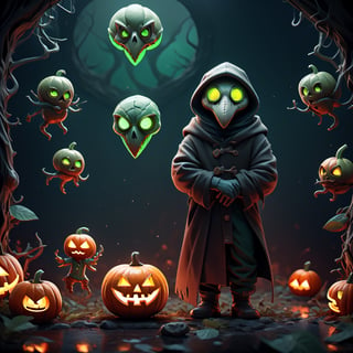 "death prophet" from Dota2 surrounded by her ghosts, glowing green eyes, full body shot, cinematic lighting, gloomy mood, horror,plague doctor,horror,Jack o 'Lantern, jack-o'-lantern monster, little elves with jack-o'-lantern heads, clash of clash, heterochromia,EpicArt,AGE REGRESSION,DonMG414 