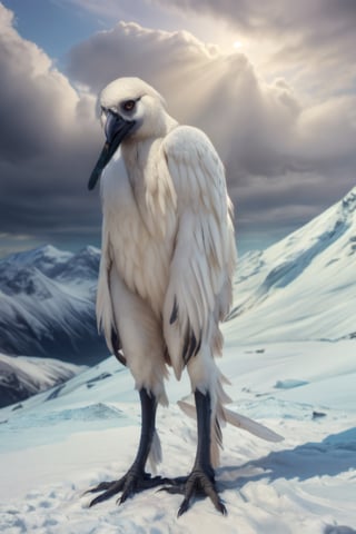 white feathers, white plumage, snow, in the arctic, scary appearance, bad proportions, opium_bird, (((humanoid bird))), (((bird))), feathers all over the body, feathers,
photography,creepy, dull colors, tall, thin, very tall,cloudy day, cloudy,  
photography, 8k, hi res, 40mm lens, (Best quality:1.2), (masterpiece:1.2)