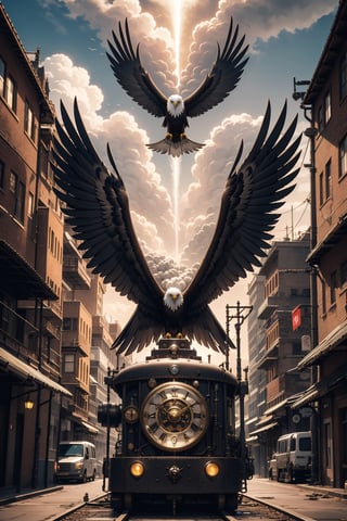 Generates an image of a majestic Steampunk-style robot eagle. Its body is meticulously constructed using intricate clockwork mechanisms, with gears and bronze parts forming its structure. Its rusted metal wings spread elegantly, displaying details of rivets and steam pipes. His eyes shine with an intense golden light, while his beak is adorned with brass ornaments. The eagle stands in an imposing pose, as if it is about to take flight into the steamy skies of a Steampunk city