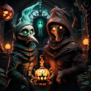 "death prophet" from Dota2 surrounded by her ghosts, glowing green eyes, full body shot, cinematic lighting, gloomy mood, horror,plague doctor,horror,Jack o 'Lantern, jack-o'-lantern monster, little elves with jack-o'-lantern heads, clash of clash, heterochromia,EpicArt,AGE REGRESSION,DonMG414