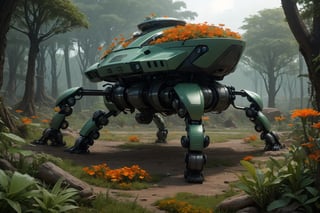  Spider Tank in a green meadow, , surrounded by nature, high detail in the face, bright orange flowers, sunny day, surrounded by small forest animals, high quality, great detail, enveloping atmosphere,AIDA_LoRA_yulzy,fantasy00d,fantai12,DonMG414 ,eggmantech,horror,hackedtech,full body, perfect hands,FFIXBG,wrench_elven_arch,outdoors,Beauty,ai ohto,1 girl,gigantic_breast,non-humanoid robot,  with futuristic suit