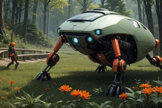  Spider Tank in a green meadow, , surrounded by nature, high detail in the face, bright orange flowers, sunny day, surrounded by small forest animals, high quality, great detail, enveloping atmosphere,AIDA_LoRA_yulzy,fantasy00d,fantai12,DonMG414 ,eggmantech,horror,hackedtech,full body, perfect hands,FFIXBG,wrench_elven_arch,outdoors,Beauty,ai ohto,1 girl,gigantic_breast,non-humanoid robot