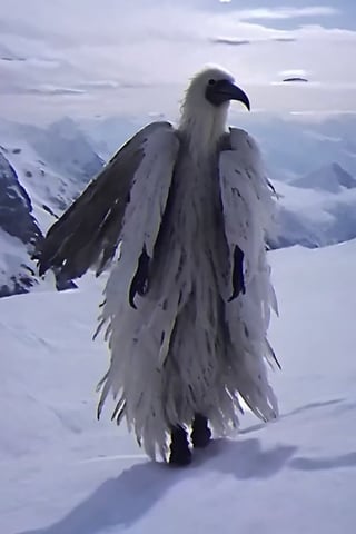 Opium bird, standing, feathers, white feathers, bird, birdman, humanoid, bird head, with beak, stylized, thin, full body, bird legs, bird arms, sinister, terrifying, beautiful

High quality, HD, 4kHD, cinematic, atmospheric, realistic, ultra-realistic
snow, mountain, cloudy, gray sky, dark clouds
More Detail,lora:largebulg1-000012:1,AIDA_NH_humans