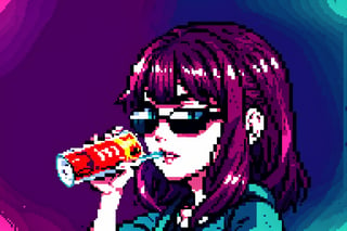 Unicorn with sunglasses drinking coke, COCA-COLA, drink, drinking coke, realistic, photorealistic, cinematic, Magical Fantasy style, Magical Fantasy style, neon photography style,3DMM,perfect,hand,Pixel art,Pixel world,anya,High detailed , party background