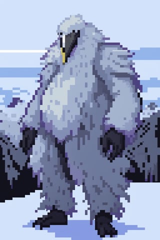 Opium bird, standing, feathers, white feathers, bird, birdman, humanoid, bird head, with extremely long beak, long beak, long mouth, full body, bird legs, bird arms, sinister, terrifying, beautiful , ragged, wide body, fat

High quality, HD, 4kHD, cinematic, atmospheric, realistic, ultra-realistic
snow, mountain, cloudy, gray sky, dark clouds
Detail,lora:largebulg1-000012:1,AIDA_NH_humans,Pixel art