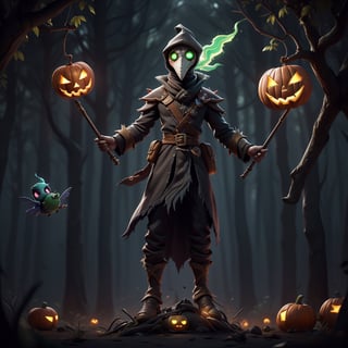 "death prophet" from Dota2 surrounded by her ghosts, glowing green eyes, full body shot, cinematic lighting, gloomy mood, horror,plague doctor,horror,Jack o 'Lantern, jack-o'-lantern monster, little elves with jack-o'-lantern heads, clash of clash, heterochromia,EpicArt,AGE REGRESSION