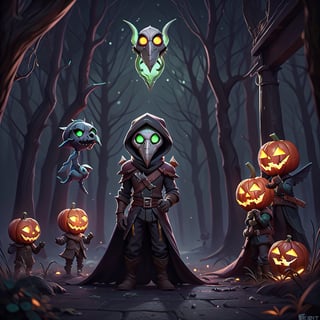 "death prophet" from Dota2 surrounded by her ghosts, glowing green eyes, full body shot, cinematic lighting, gloomy mood, horror,plague doctor,horror,Jack o 'Lantern, jack-o'-lantern monster, little elves with jack-o'-lantern heads, clash of clash, heterochromia,EpicArt,AGE REGRESSION