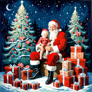 Santa Claus with a small child on his knee, surrounded by gifts, Christmas atmosphere

Art style by Kate Baylay