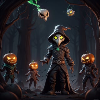 "death prophet" from Dota2 surrounded by her ghosts, glowing green eyes, full body shot, cinematic lighting, gloomy mood, horror,plague doctor,horror,Jack o 'Lantern, jack-o'-lantern monster, little elves with jack-o'-lantern heads