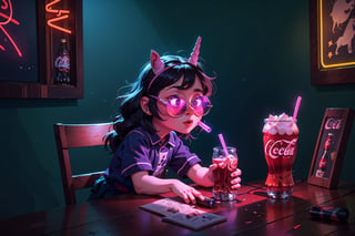 Unicorn with sunglasses drinking coke, COCA-COLA, drink, drinking coke, realistic, photorealistic, cinematic, Magical Fantasy style, Magical Fantasy style, neon photography style,3DMM