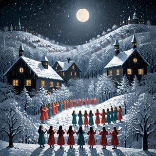 Artistic style of Gerd Arntz, girls in a snowy landscape singing in a choir, snowy and Christmas landscape.,Leonardo Style,ral-chrcrts