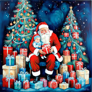 Santa Claus with a small child on his knee, surrounded by gifts of various colors, Christmas atmosphere

Art style by Kate Baylay