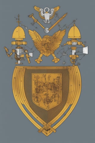 Robot, agila robot, eagle-shaped robot, body composed of mechanisms, medieval style ornamental coat of arms, head of a cyborg eagle