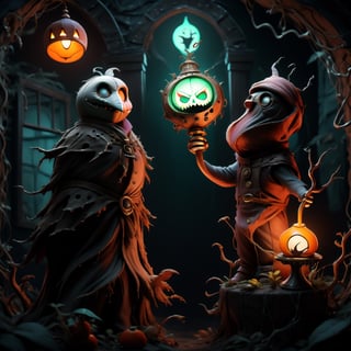 "death prophet" from Dota2 surrounded by her ghosts, glowing green eyes, full body shot, cinematic lighting, gloomy mood, horror,plague doctor,horror,Jack o 'Lantern, jack-o'-lantern monster, little elves with jack-o'-lantern heads, clash of clash, heterochromia,EpicArt,AGE REGRESSION,DonMG414