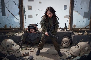 on the outside
assault rifle, holding a rifle, soldier clothing,
Iran, Afghanistan
fire, war crimes, apocalypse, war crimes, terrorism, terrorist, destroyed car

  assault rifle, firearm
Debris, destruction, ruined city, death and destruction.
​
2 girls
Angry, angry look, 
child, child focusloli focus, a girl dressed as a soldier, surrounded by war destruction, cloudy day, high quality, high detail, immersive atmosphere, fantai12,DonMG414, horror,full body,full_gear_soldier,full gear,soldier,r1ge,xxmixgirl, 