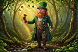 orange hair and beard
1 person only
facial features of an old man, elderly person, grandfather's face
detailed facial features, great detail on the face
dwarf, pixie, very short man
(((standing, full body, Leprechaun, Irish leprechaun, forest spirit, humanoid, small man, green suit, green top hat)))
Imagine a mystical and enchanted landscape where emerald green and gold colors intertwine in a dance of light and shadow. In the center of the scene, an ancient forest emerges, its trees seem to whisper ancient secrets while the leaves dance to the rhythm of the wind. High in the sky, a resplendent rainbow curves majestically, revealing a legendary treasure that awaits those with brave hearts. In the clearing of this magical forest, an enigmatic figure appears: a leprechaun, guardian of fortune and bearer of the Celtic essence. The fae's gaze shines with ancient wisdom, inviting viewers to enter a realm of wonder and adventure. What hidden secrets and lost treasures await in this dream world inspired by the magic of St. Patrick and rich Celtic tradition?,SaintP,,asmongold,gothic art, oil painting,shards,druidic,Movie Still