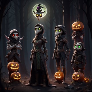 "death prophet" from Dota2 surrounded by her ghosts, glowing green eyes, full body shot, cinematic lighting, gloomy mood, horror,plague doctor,horror,Jack o 'Lantern, jack-o'-lantern monster, little elves with jack-o'-lantern heads