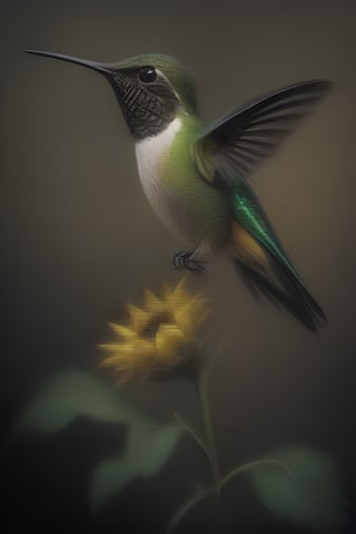 Create an elegant and captivating portrait of a wonderful hummingbird sniffing a sunflower. Use vibrant light and shadow to highlight complex details and jagged edges. Let the dark black and gold textured background accentuate the painting, combining modern styles with neon green and yellow paints, give a touch of pen painting, watercolor and oil techniques. Embrace negative space with captivating brushstrokes and stencil art, evoking beauty and allure.,Digital painting ,ColorART,pencil sketch,<lora:659095807385103906:1.0>