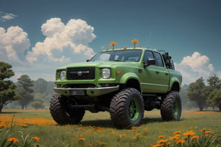  in a green meadow, , surrounded by nature,  bright orange flowers, sunny day, Futuristic truck, 4x4, truck with weapons,, truck, high quality, great detail, enveloping atmosphere,,  Spider Tank in a green meadow,non-humanoid robot